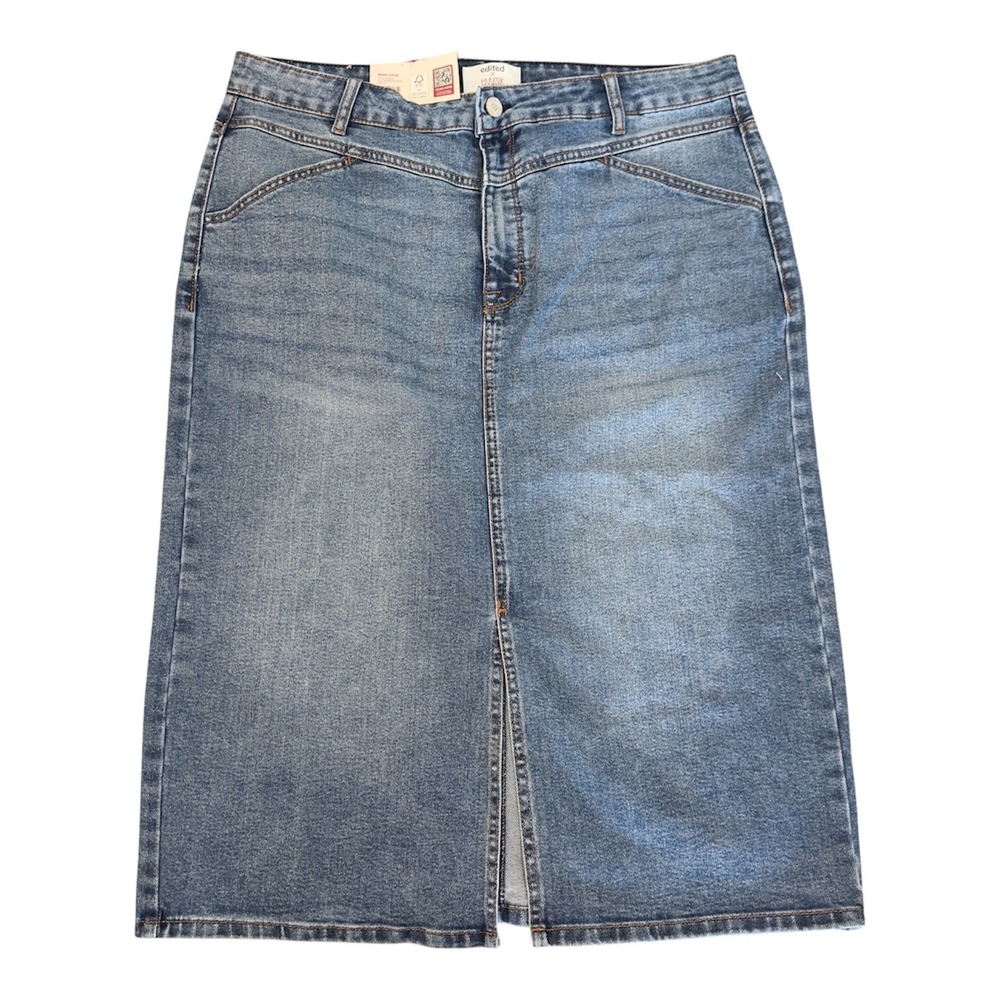 Edited x Hunter McGrady Womens Denim Midi Skirt Medium Wash Front Slit‎ Size 14